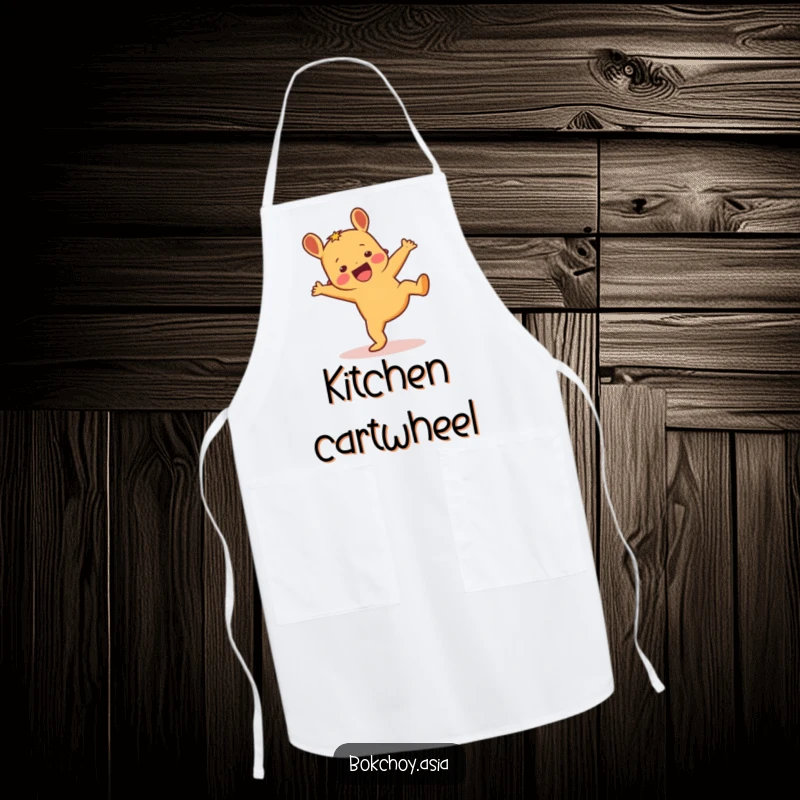 Funny ginger root character performing a cartwheel, a spirited and humorous apron for kitchen fun.