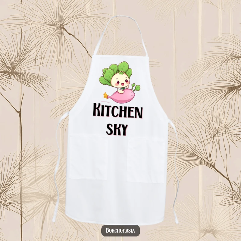 Funny baby bok choy riding a flying radish, a whimsical and humorous kitchen apron design.