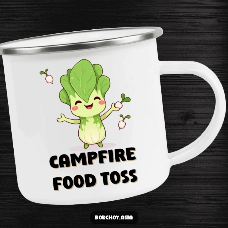 Funny bok choy camping mug, happily juggling radishes, bringing rugged veggie humor and fresh fun on adventures, great funny gift.