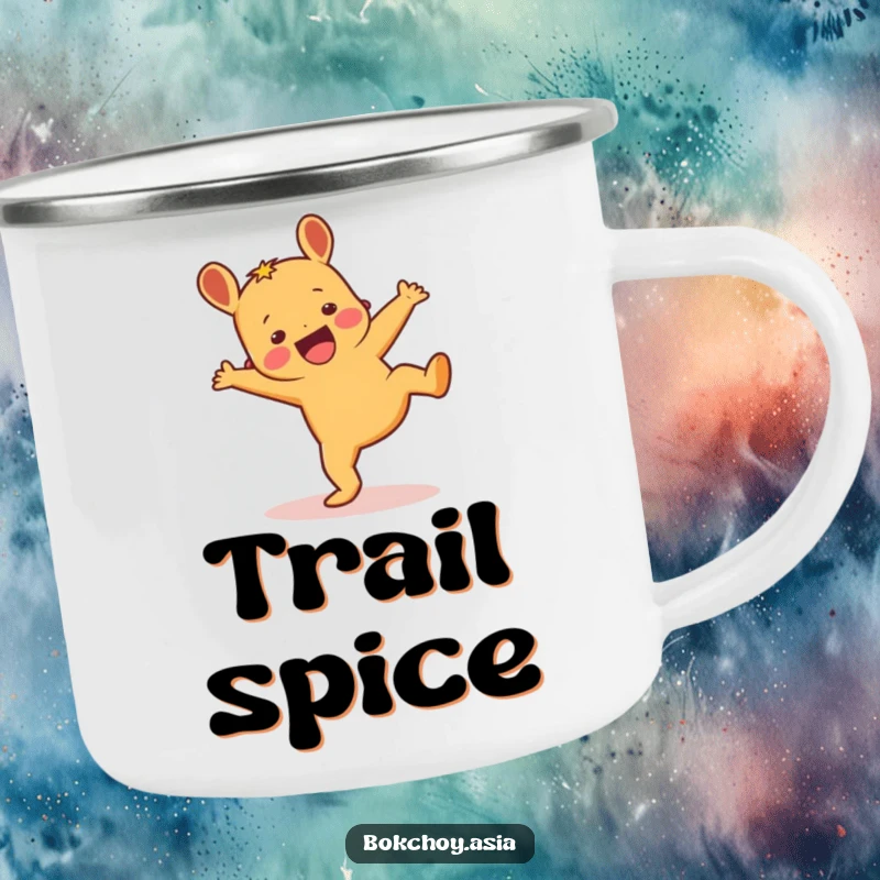 Funny ginger root character in a spirited cartwheel pose, a humorous and energetic design on a camping mug.