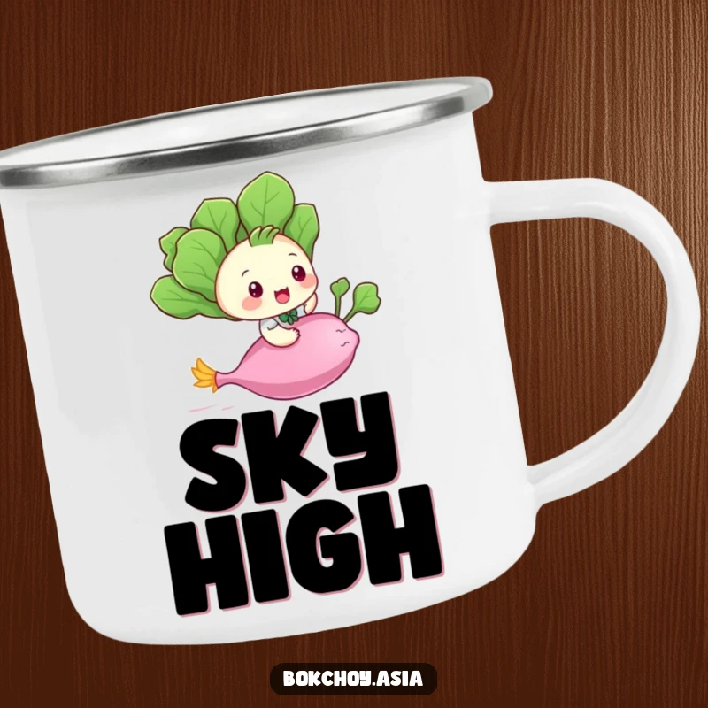 Funny baby bok choy riding a flying radish, a whimsical and humorous design on a camping mug.