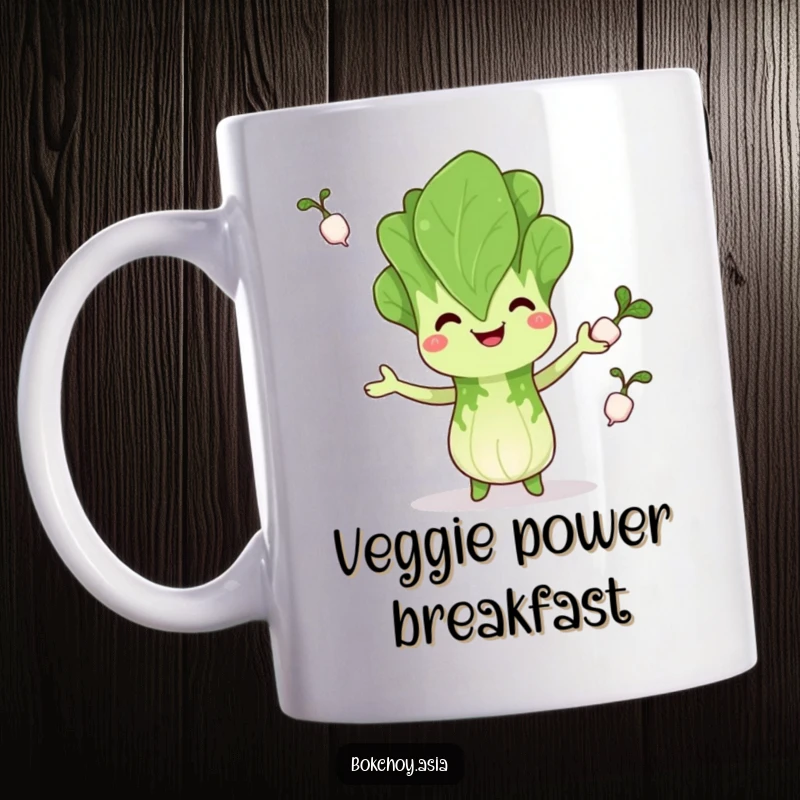 Funny bok choy mug, happily juggling radishes, conveying playful veggie humor and garden delight, perfect funny gift.