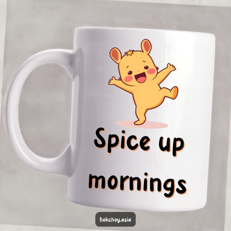 Funny excited ginger root character performing a dynamic cartwheel, full of energy and humor on a mug.