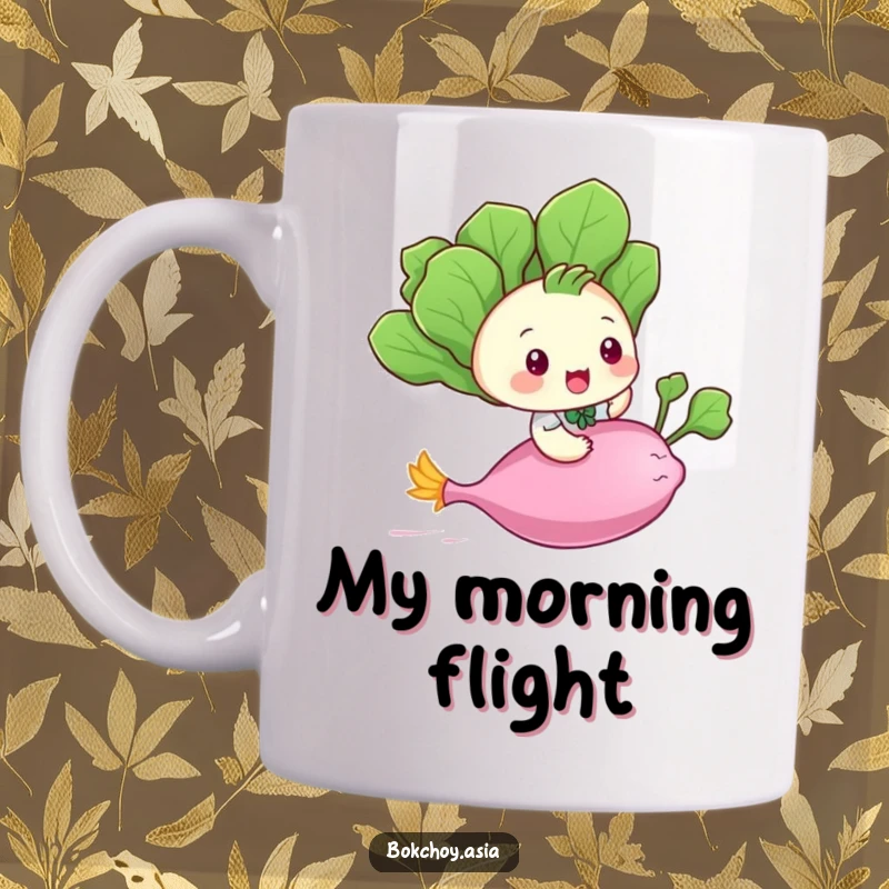 Funny playful baby bok choy character riding a flying radish, depicting whimsical adventure and vegetable fun on a mug.