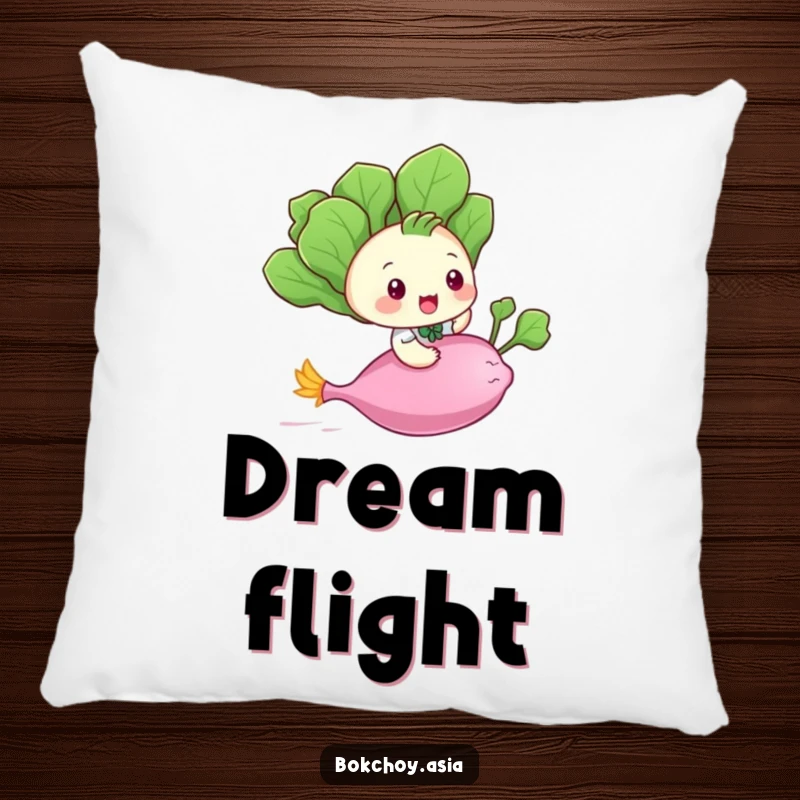 Funny baby bok choy character riding a flying radish, a whimsical and humorous accent pillow.
