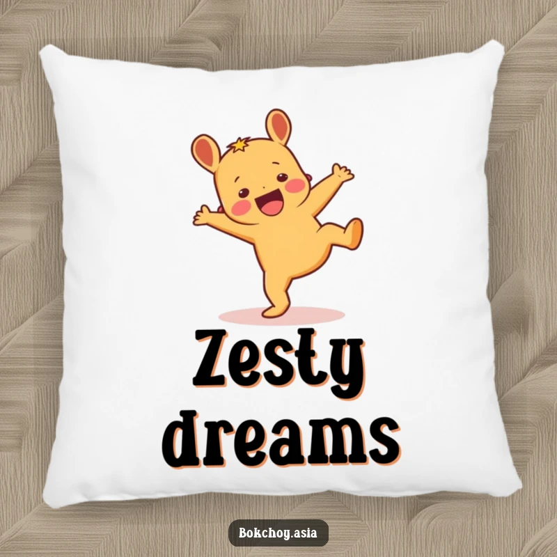 Funny excited ginger root character doing a cartwheel, a playful and humorous accent pillow for any space.