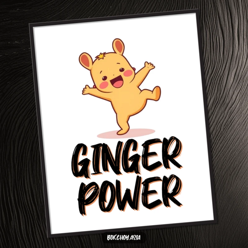 Funny excited ginger root character performing a cartwheel, a high-resolution digital art print for humorous decor.