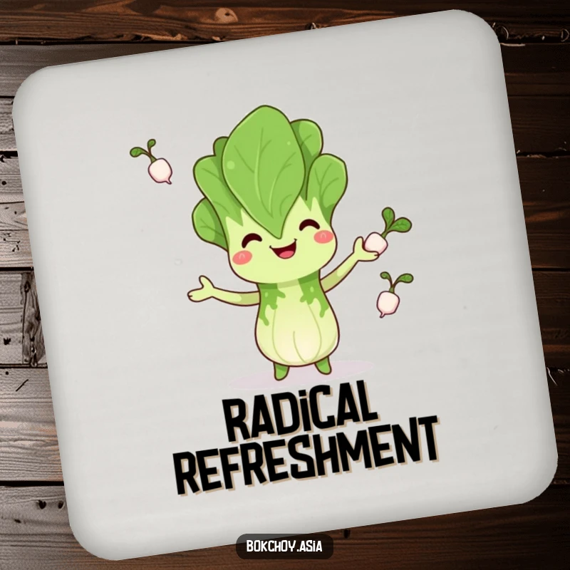 Funny bok choy juggling coasters, happily juggling radishes, depicting veggie humor and protecting tables, perfect funny gift.