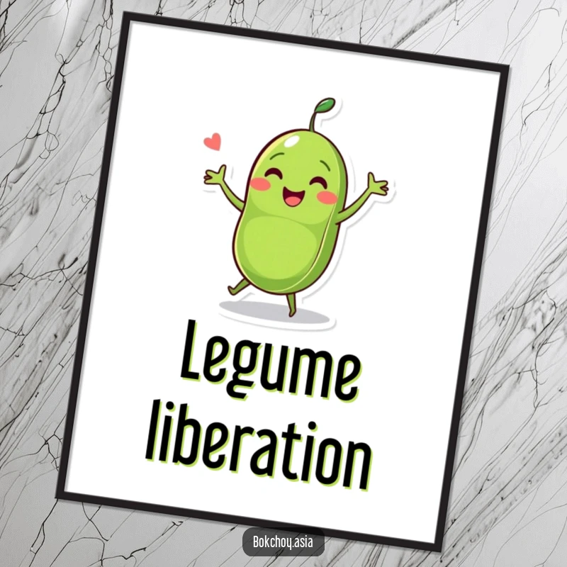 Funny pea pod character mid-dance with two peas, vibrant and cheerful vegetable art for humorous wall decor.