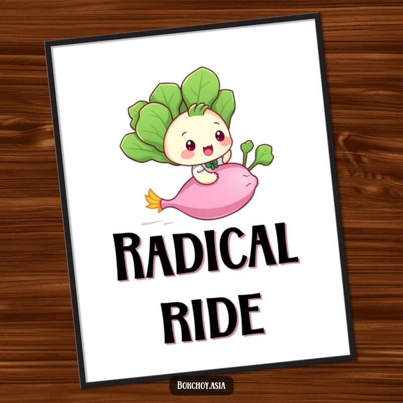 Funny baby bok choy riding a flying radish, whimsical and humorous illustration for wall art.