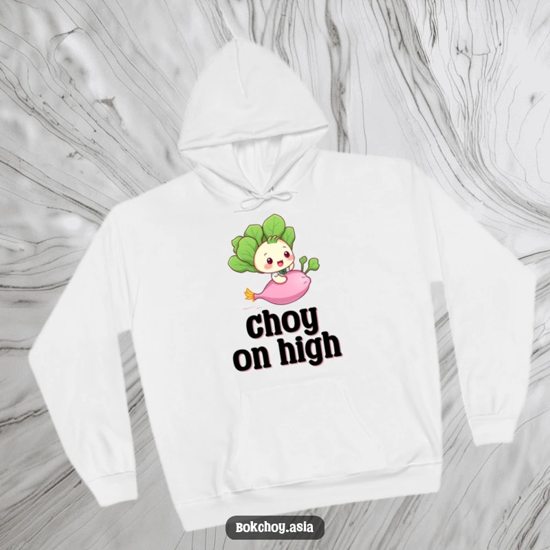 Funny baby bok choy character riding a flying radish, a cozy and humorous design on a comfortable hoodie.