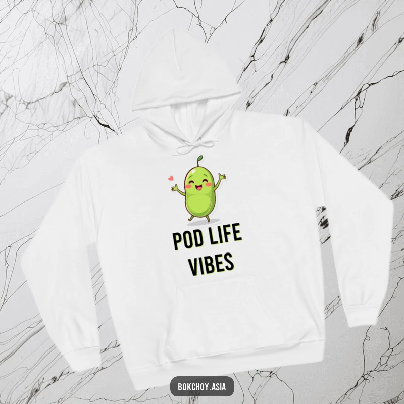 Funny pea pod character in a happy dance pose with peas, a cute and humorous design on a cozy hoodie.