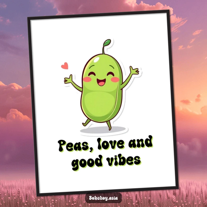 Funny Free Printable Wall Art: A joyful pea pod character dancing with two peas, bringing quirky energy to any room.
