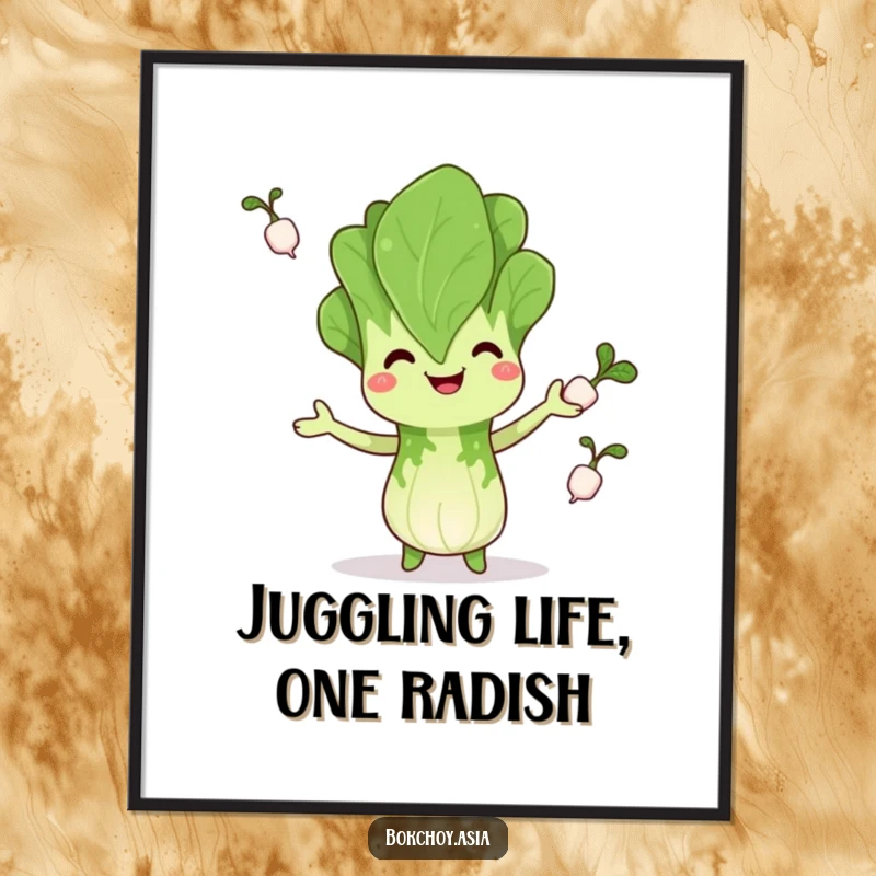Funny Free Printable Wall Art: A smiling bok choy character with impressive skill juggles three tiny white radishes, a whimsical piece.