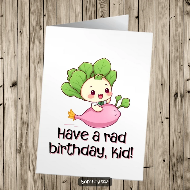 Funny Free Printable Birthday Card: Playful baby bok choy character joyfully riding a flying radish, celebrating a birthday.
