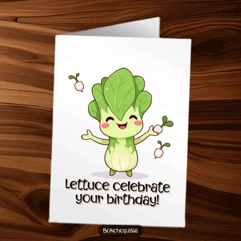 Funny Free Printable Birthday Card: A smiling bok choy character skillfully juggles three tiny white radishes, celebrating your special day.