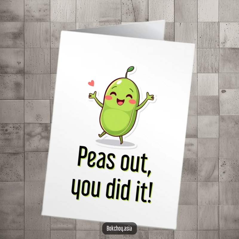 Funny Free Printable Congratulations Card: A happy pea pod character energetically dancing with two peas, celebrating success.
