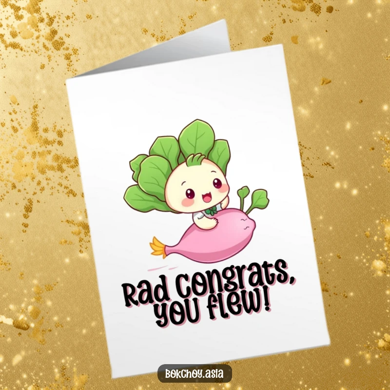 Funny Free Printable Congratulations Card: A baby bok choy character riding a flying radish, celebrating a big achievement.