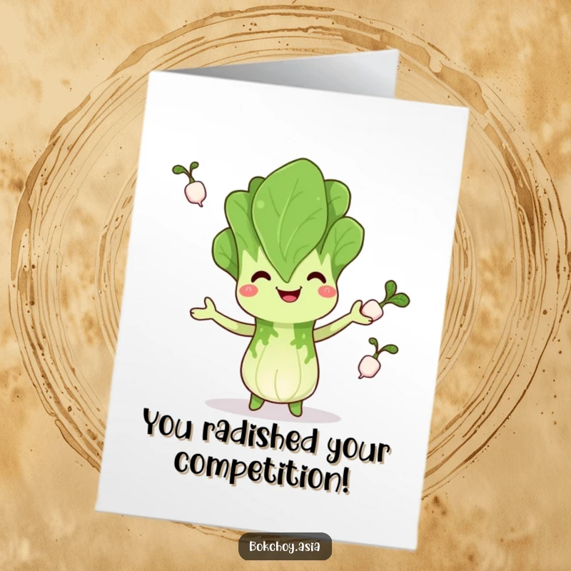 Funny Free Printable Congratulations Card: A happy bok choy character juggling radishes, celebrating a successful feat with vegetable zest.