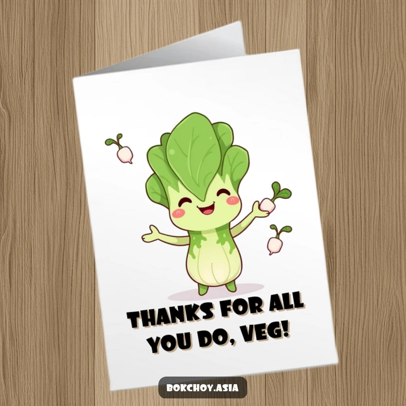 Funny Free Printable Thank You Card: A smiling bok choy character juggling radishes, offering a colorful and funny thank you.