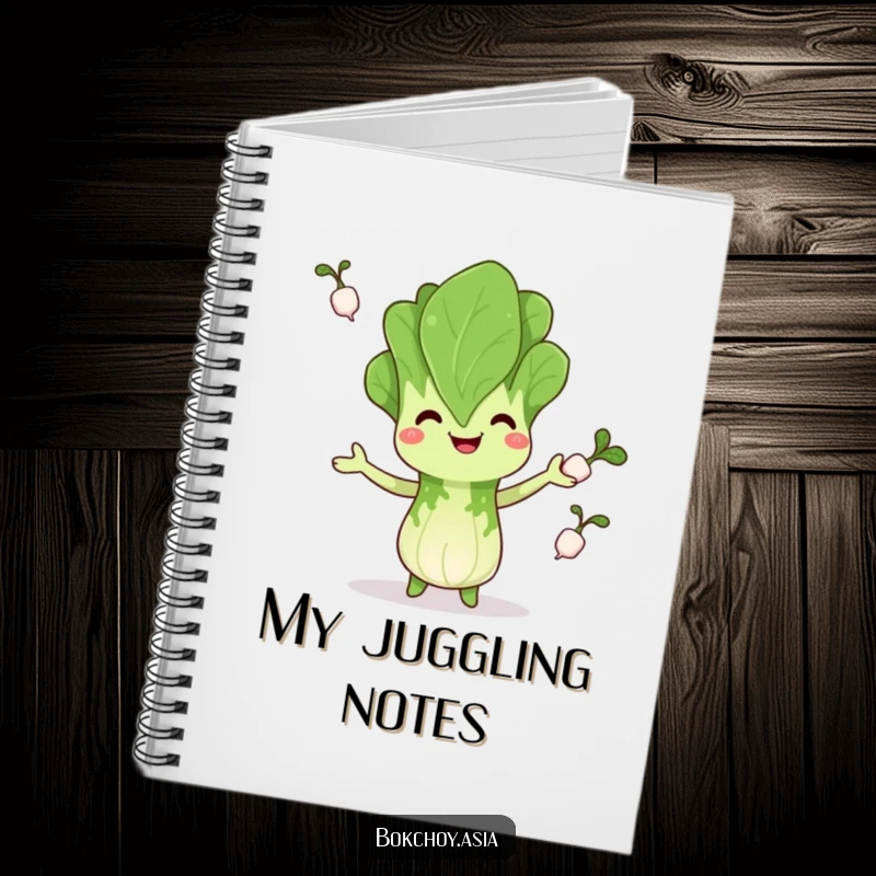 Funny bok choy notebook, happily juggling radishes, inspiring veggie creativity and balance, perfect funny gift for journaling.