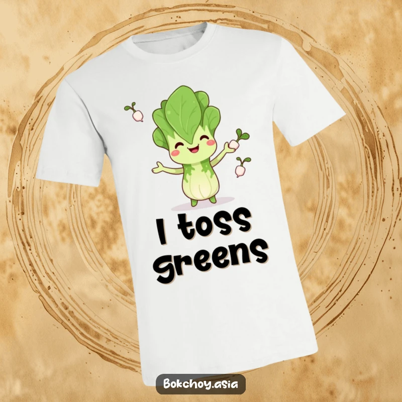 Funny bok choy t-shirt, happily juggling tiny radishes, radiating playful energy and veggie comedy, excellent funny gift.