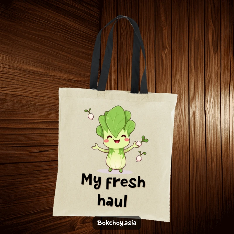 Funny bok choy tote bag, happily juggling radishes, embodying veggie humor and fresh charm, ideal funny gift.